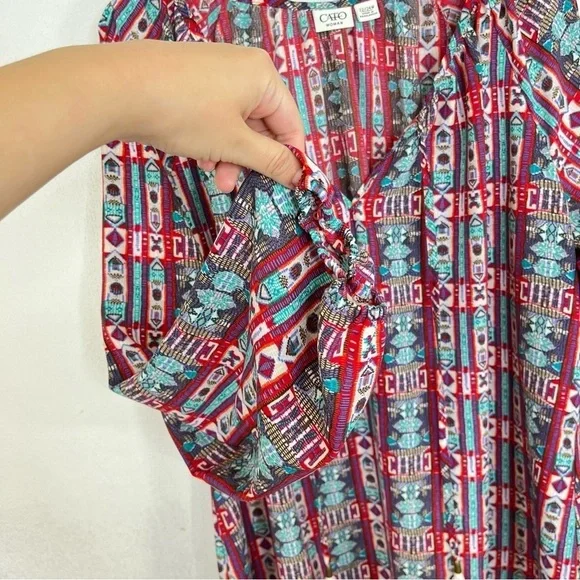 2/$25 CATO Red Bohemian Boho Tribal Western Lightweight Business Casual Blouse - Picture 8 of 14